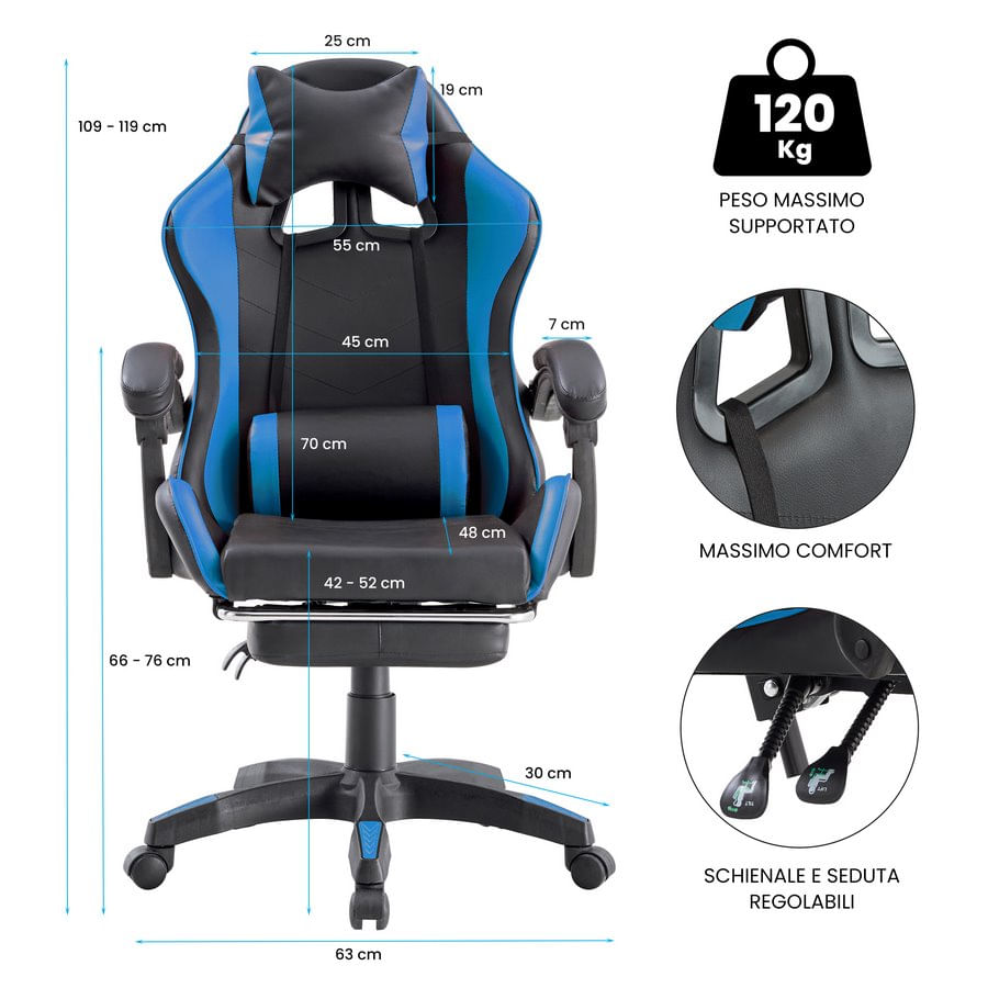 Poltrona da gaming professionale basculante blu My Office - Brico Sky