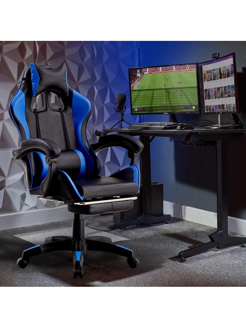 Poltrona sedia gaming blu e nera ergonomica con schienale