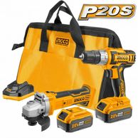 Trapano avvitatore smerigliatrice 20V con 2 batterie caricabatterie borsa INGCO