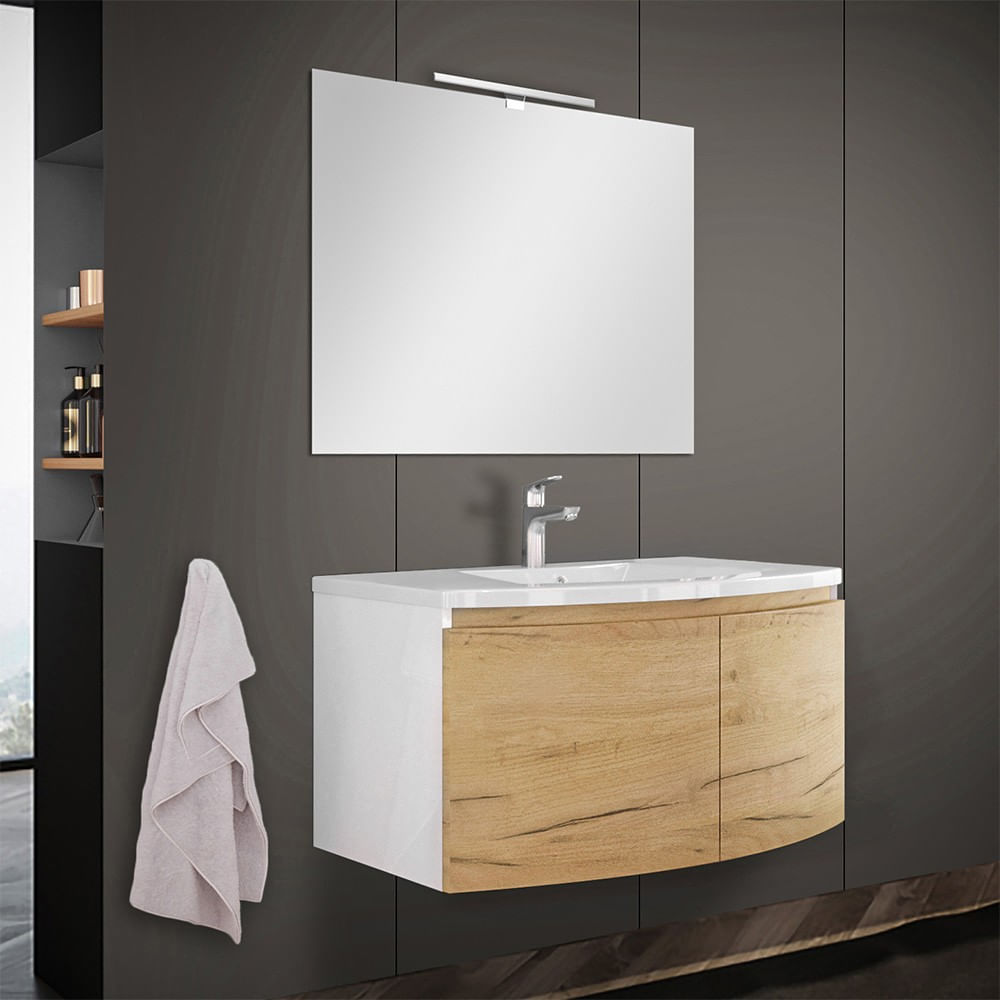 Mobile bagno sospeso 81 cm grigio con 2 ante completo di ceramica e  specchio