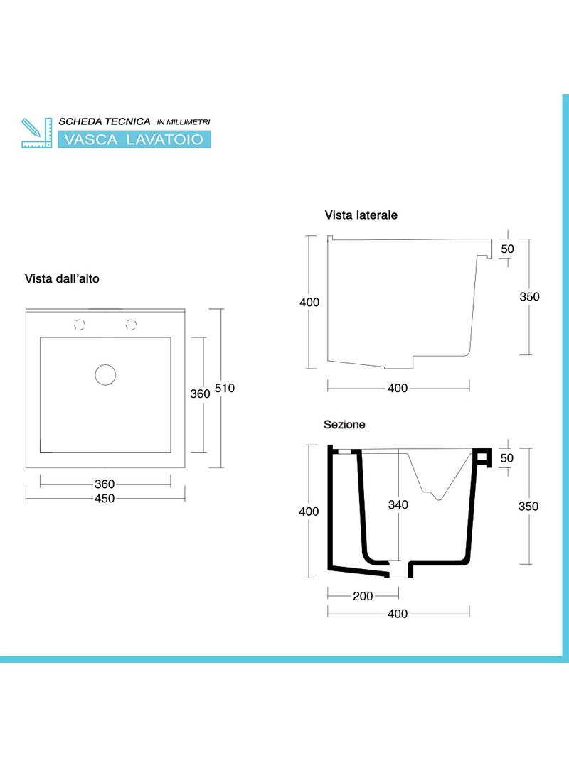 Mobile lavatoio 45x50 cm grigio calce vasca in ceramica e kit di scarico  Moon