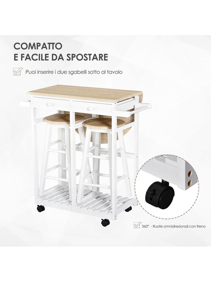 EASYCOMFORT Carrello da Cucina con Tavolino Pieghevole e 2 Sgabelli, Ruote  e Cassetti in Legno di Bambù