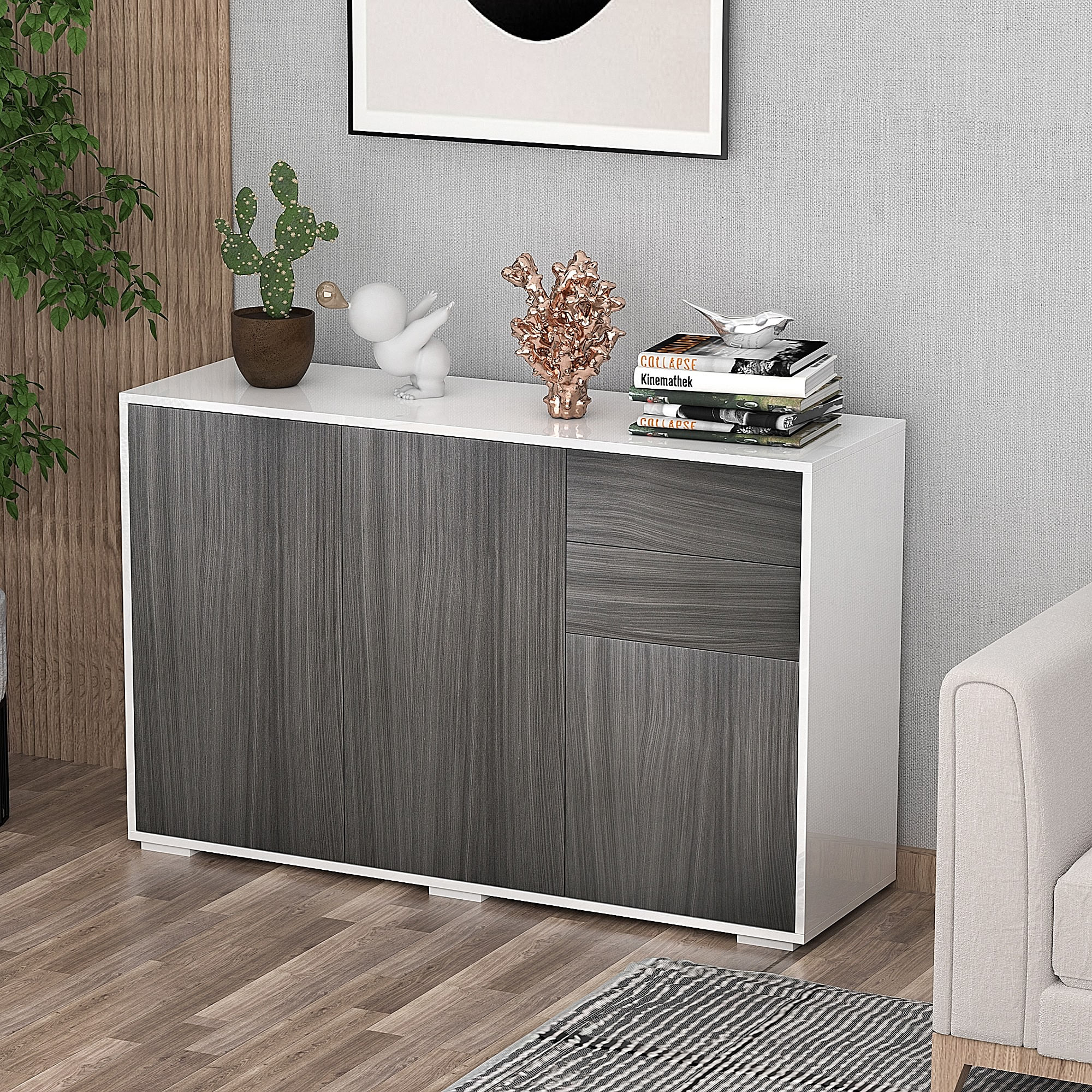 EASYCOMFORT Mobile Multiuso per Ufficio in Legno, Mobile Porta Stampante  con 5 Ruote, Cassetto e Ripiano Regolabile, 77x40x73cm, Legno