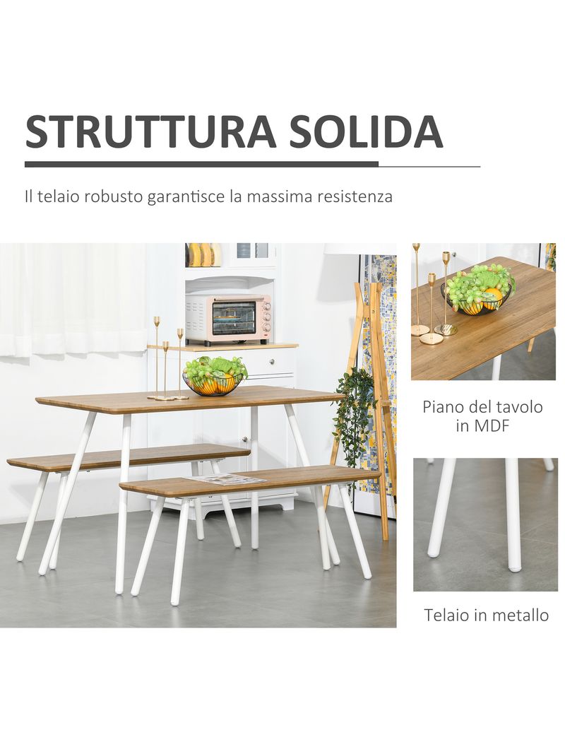 EASYCOMFORT Set Tavolo da Pranzo con 2 Panche in Stile Nordico in MDF e  Metallo, Bianco - BricoBravo