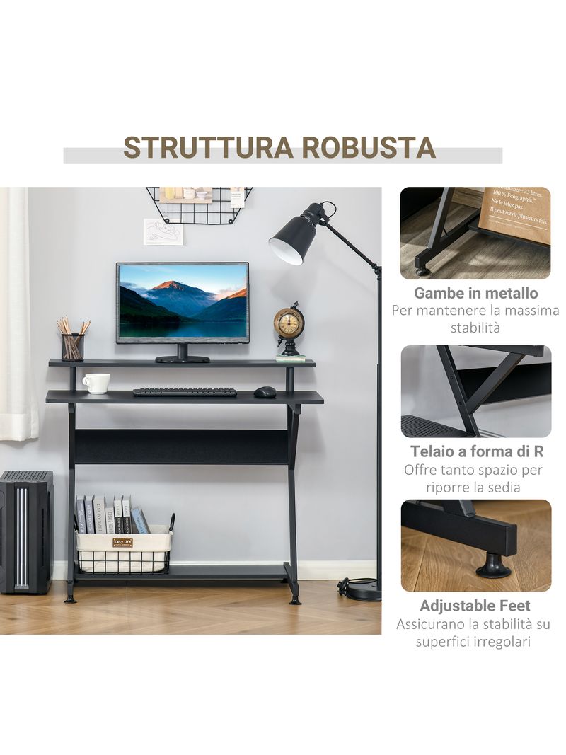 EASYCOMFORT Tavolo Porta PC Salvaspazio con Ripiano Monitor Rialzato,  Scrivania per Computer da Ufficio in Legno, 100x60x85.5cm - Nero