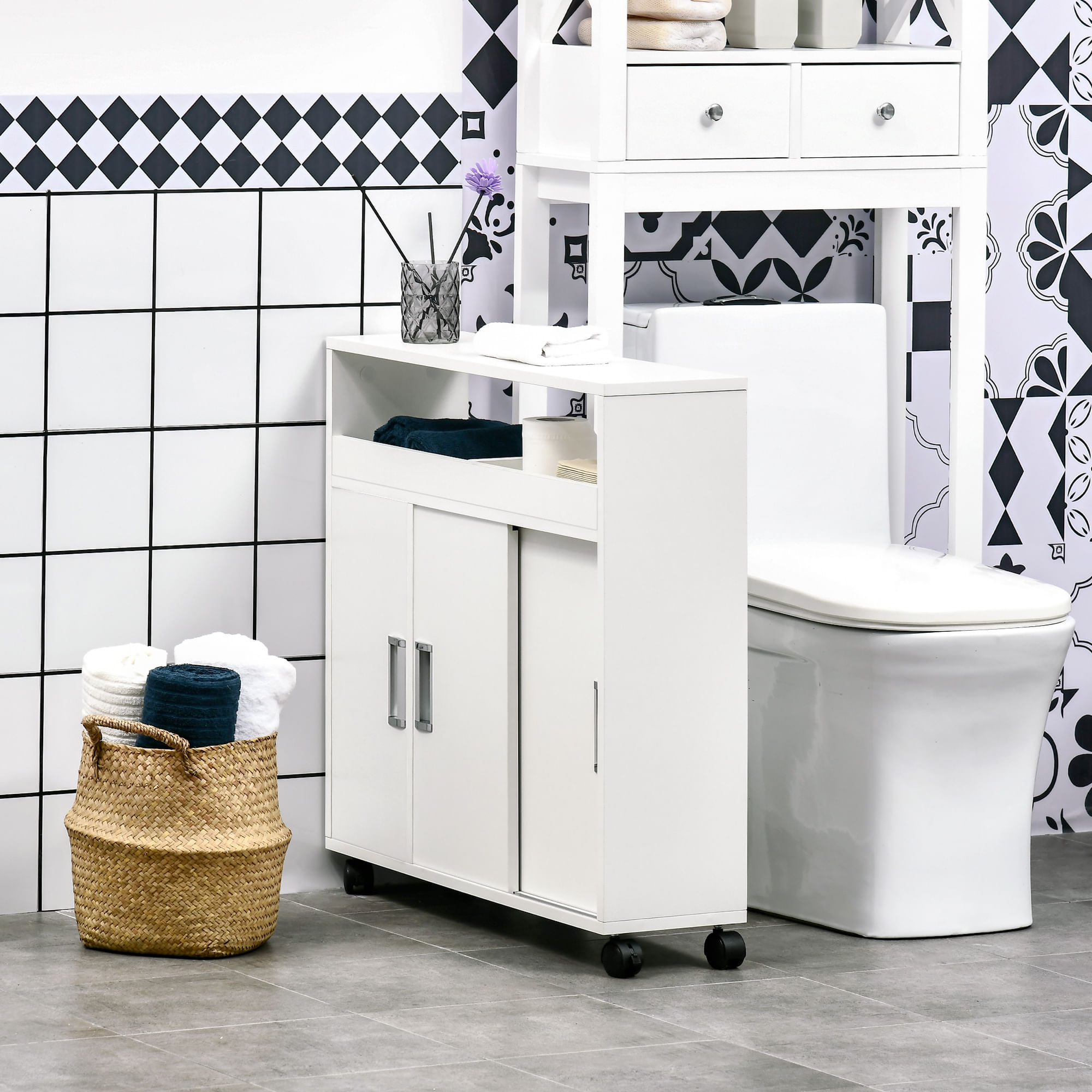 EASYCOMFORT Mobiletto Bagno con Porte Scorrevoli, Ripiano Regolabile e 4  Ruote in Truciolato e Lega di Alluminio, 70x20x71cm, Bianco - BricoBravo