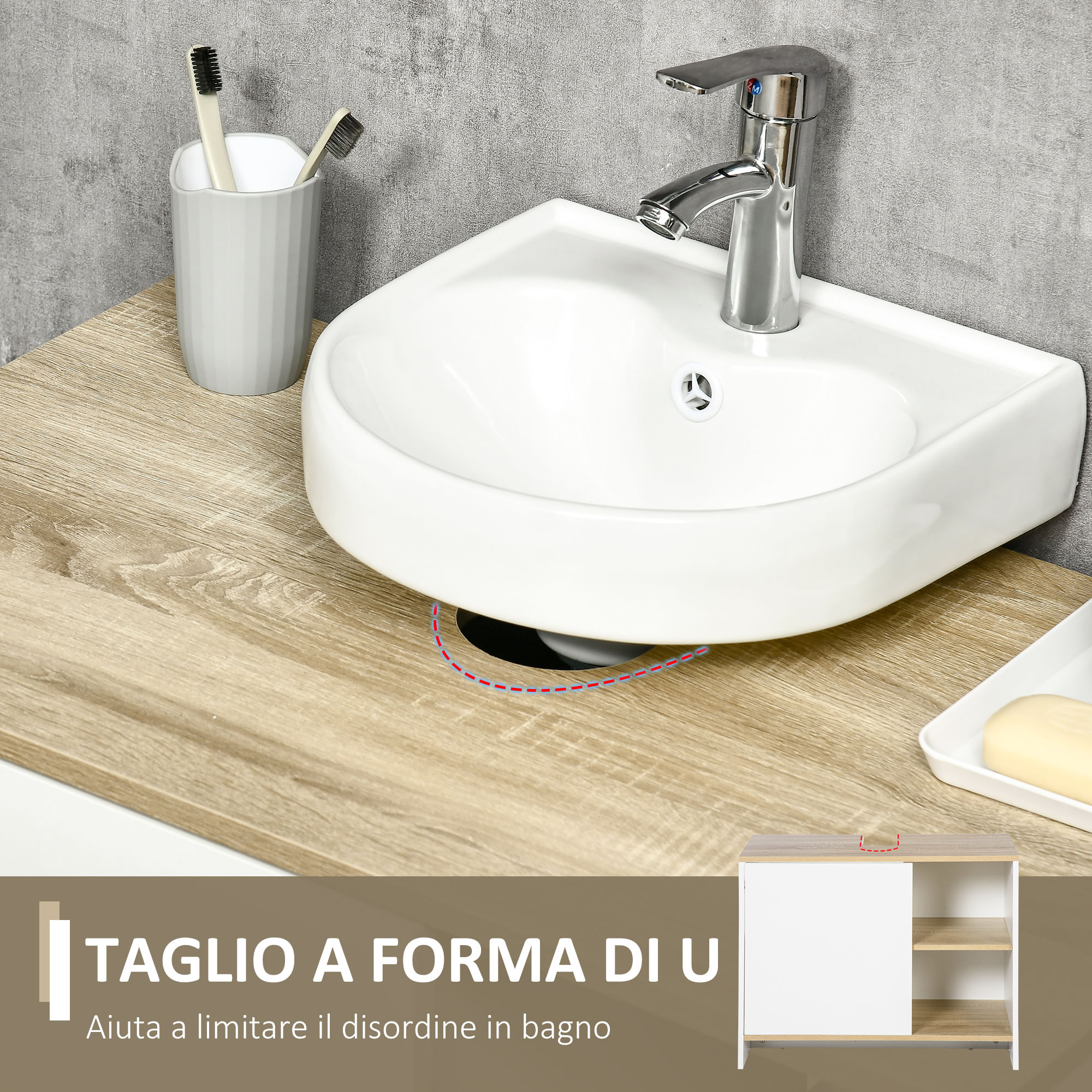 Mobile Bagno Sottolavabo In Legno - 77x45x60 Cm, Con Armadietto E 2 Mensole, Bianco/Legno - Foto 3