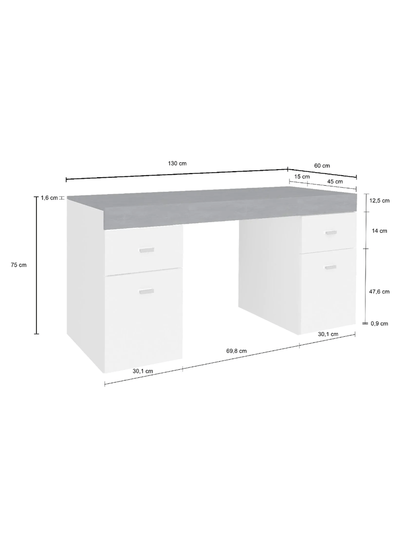 Scrivania 2 ante e 2 cassetti, colore bianco lucido e pero, made