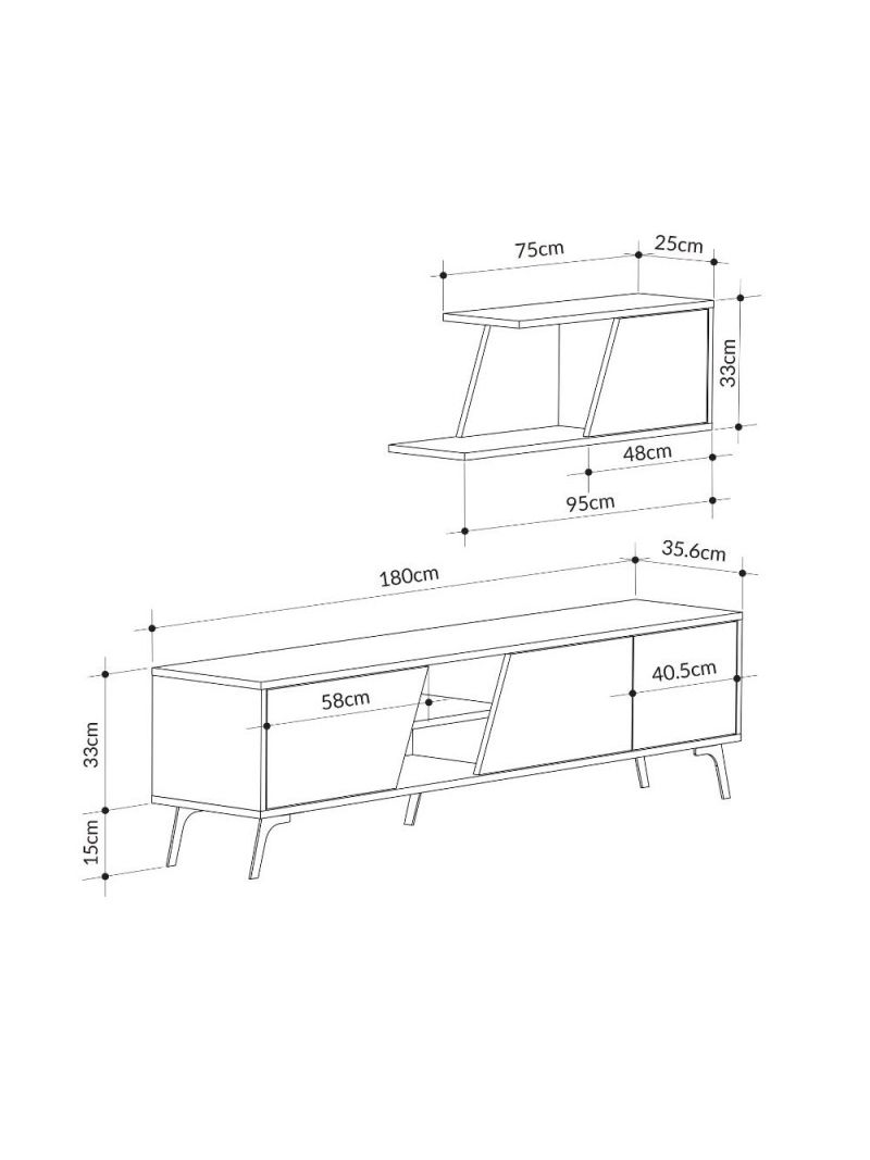 Porta TV bianco rovere Fiona 180X35,6X48 con mensola a parete