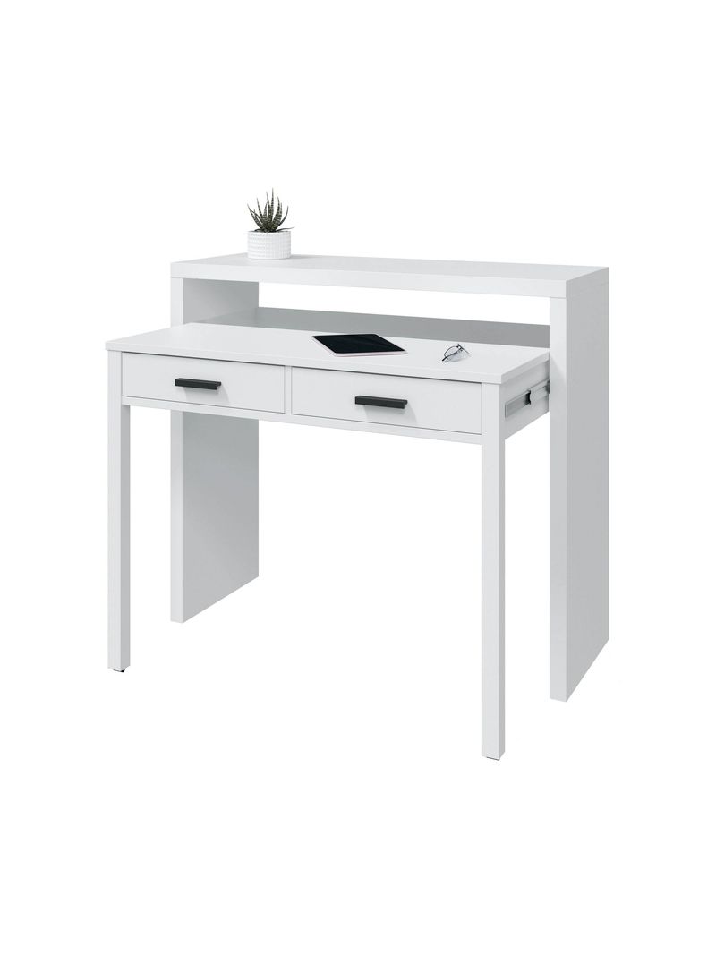 Damodi Consolle, Scrivania con piano allungabile, Scrivania porta PC con 2  cassetti, 99x36h88 cm, Bianco e Rovere