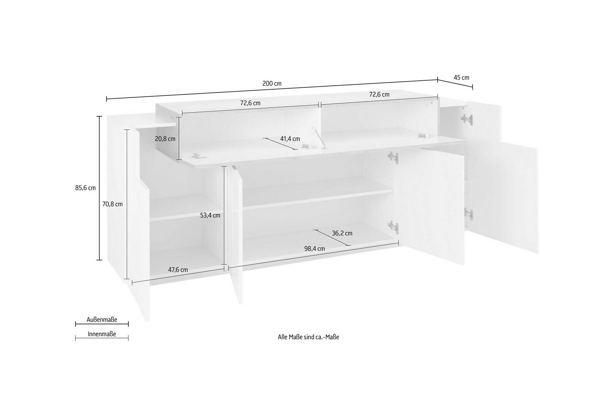 Credenza dgerl madia da cucina a 4 ante buffet da soggiorno 100 made in italy  cm 220x45h86 bianco lucido - BricoBravo