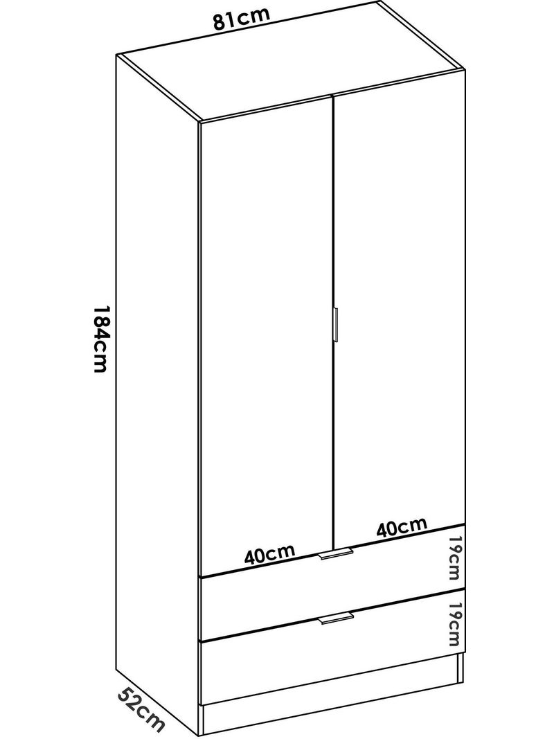 Guardaroba Dlunin, Mobile appendiabiti per camera da letto, Armadio a 2  ante battenti e 2 cassetti, 81x52h184 cm, Bianco