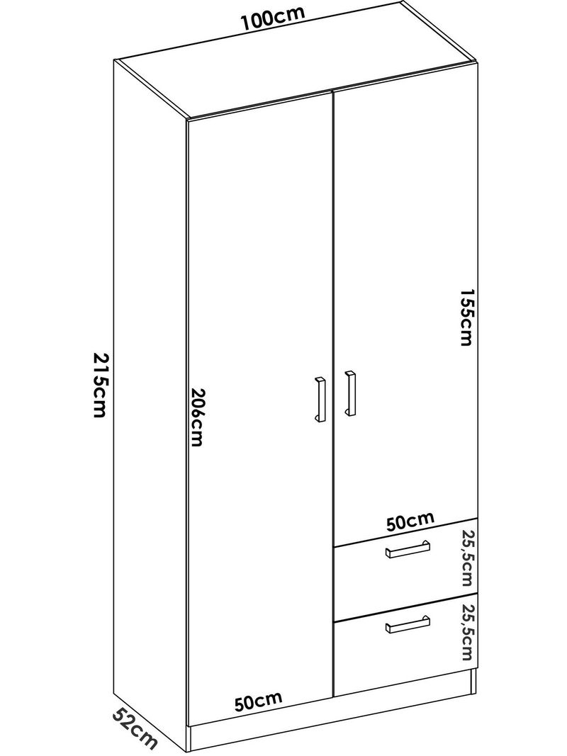 Guardaroba Velino, Mobile appendiabiti per camera da letto, Armadio a 2  ante battenti e 2 cassetti, 100x52h215 cm, Rovere