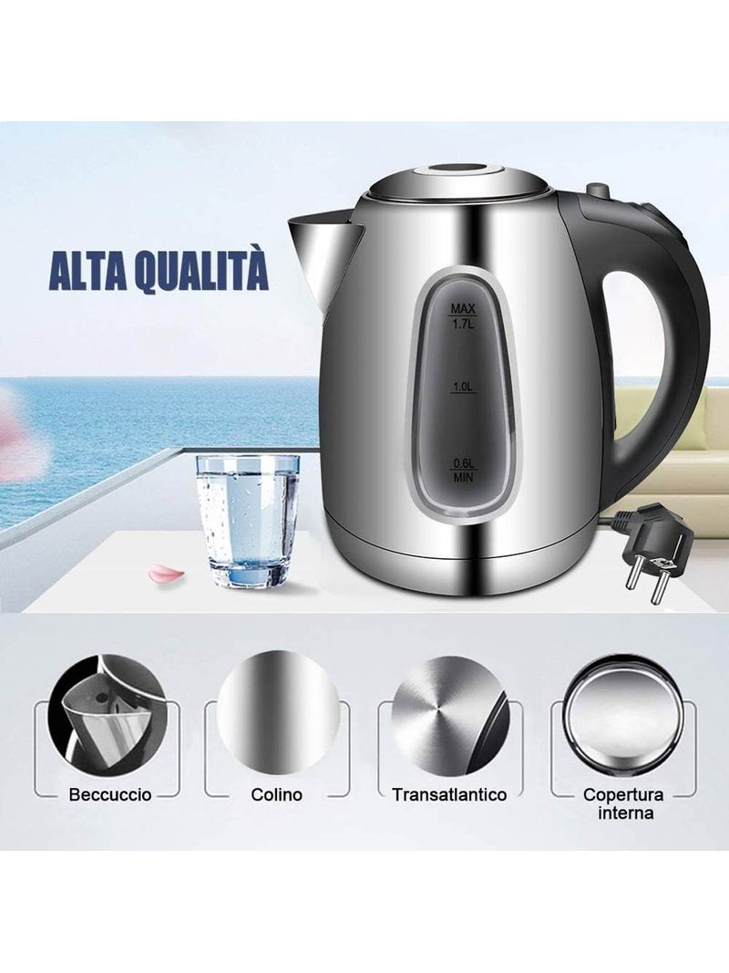 Bollitore Acqua Elettrico 1,7 Litri In Acciaio Inox 2200W Spina Schuko 16A  Moderno