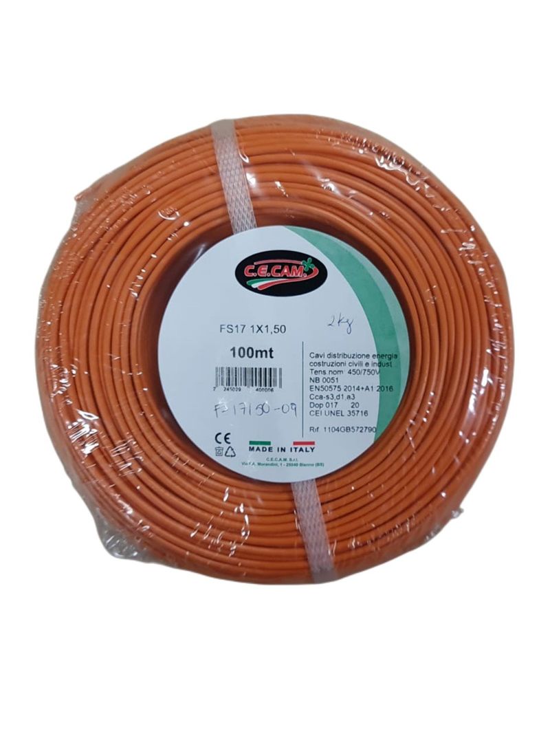 100mt Cavo Elettrico FS17 450/750V Unipolare 1X1.5mm Colore Arancione Made  In Italy - BricoBravo