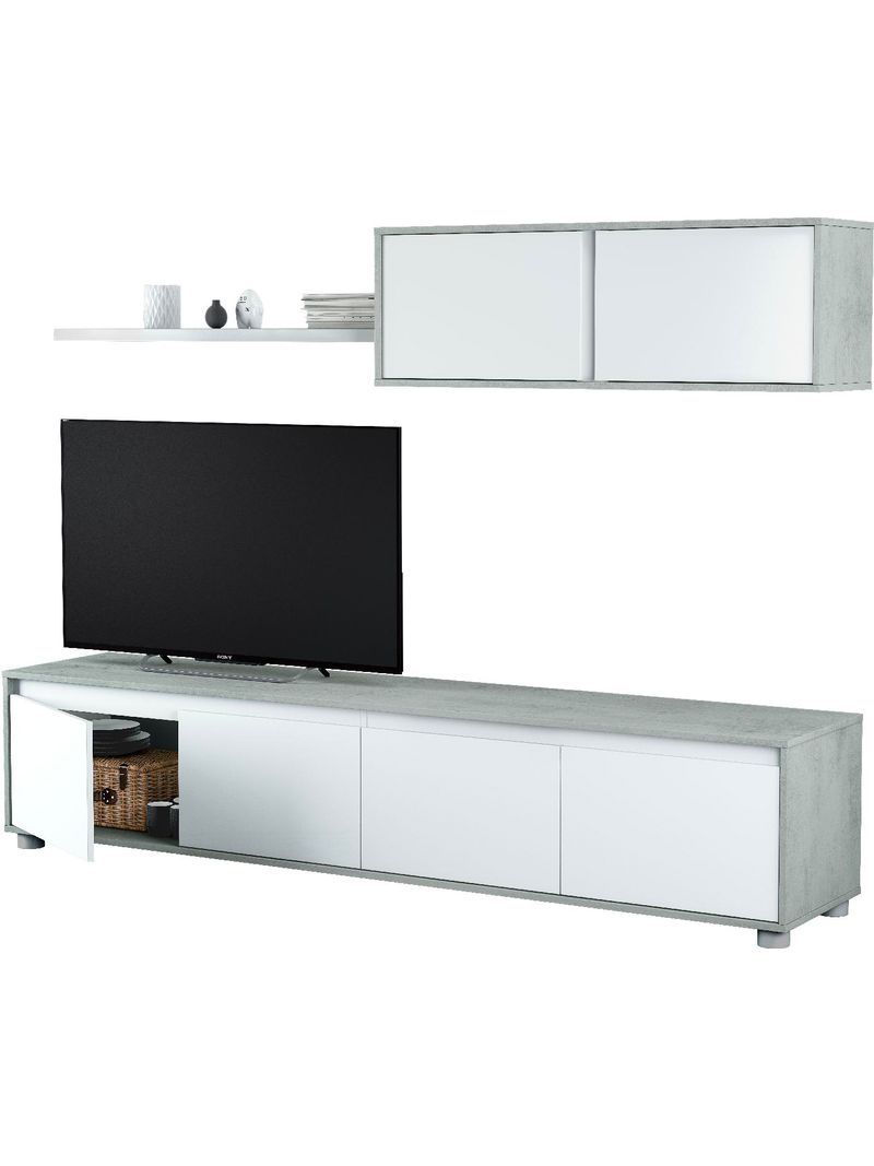 Parete attrezzata Savannah, Mobile da soggiorno porta TV, Composizione set  salotto, Set salotto con pensile, cm 200x41h43, Bianco e Cemento -  BricoBravo