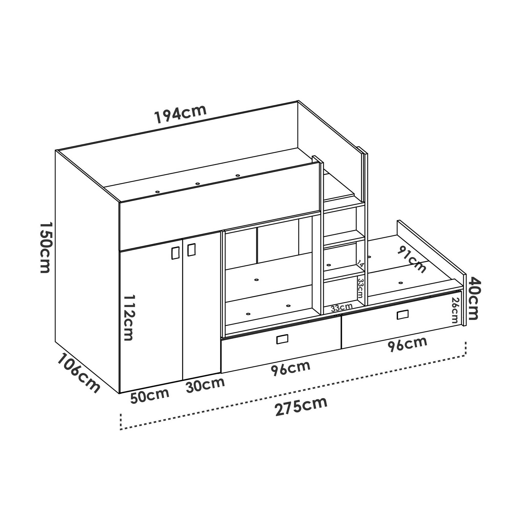 Letto per bambini Dannon, Cameretta completa con armadio e cassetti,  Composizione letto a castello con due lettini singoli, 275x108h150 cm,  Bianco e Rovere