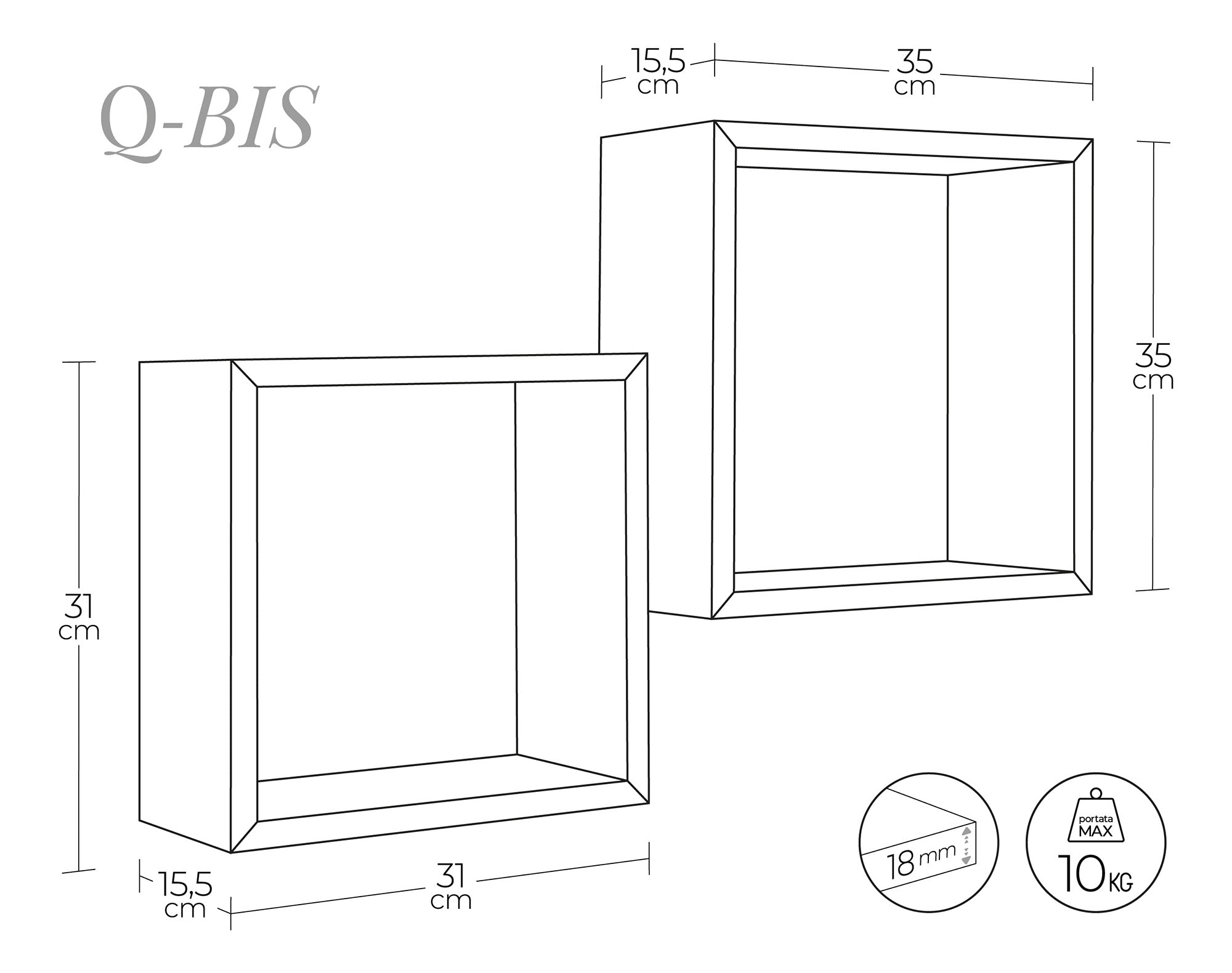 Set 2 Mensole Cubo da Parete Quadrato in Fibra di Legno Q-Bis