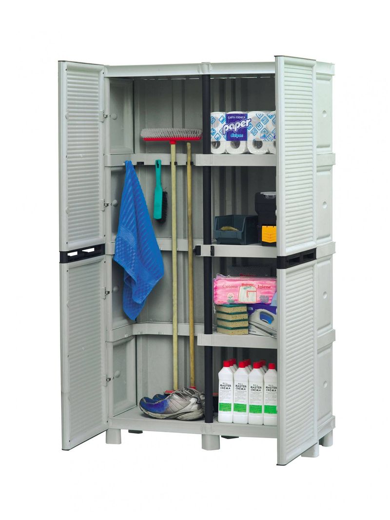 Armadio Portascope Esterno In Resina 68x40x165 Cm Grigio - 2 Ante E 4 Ripiani Per Pulizie - Foto 12