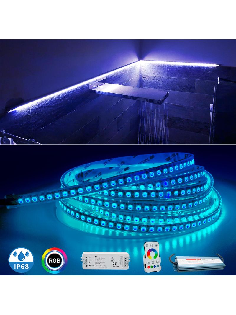 Kit striscia 600 led rgb luce cromoterapia bagno centralina rf 24v stagna  ip68