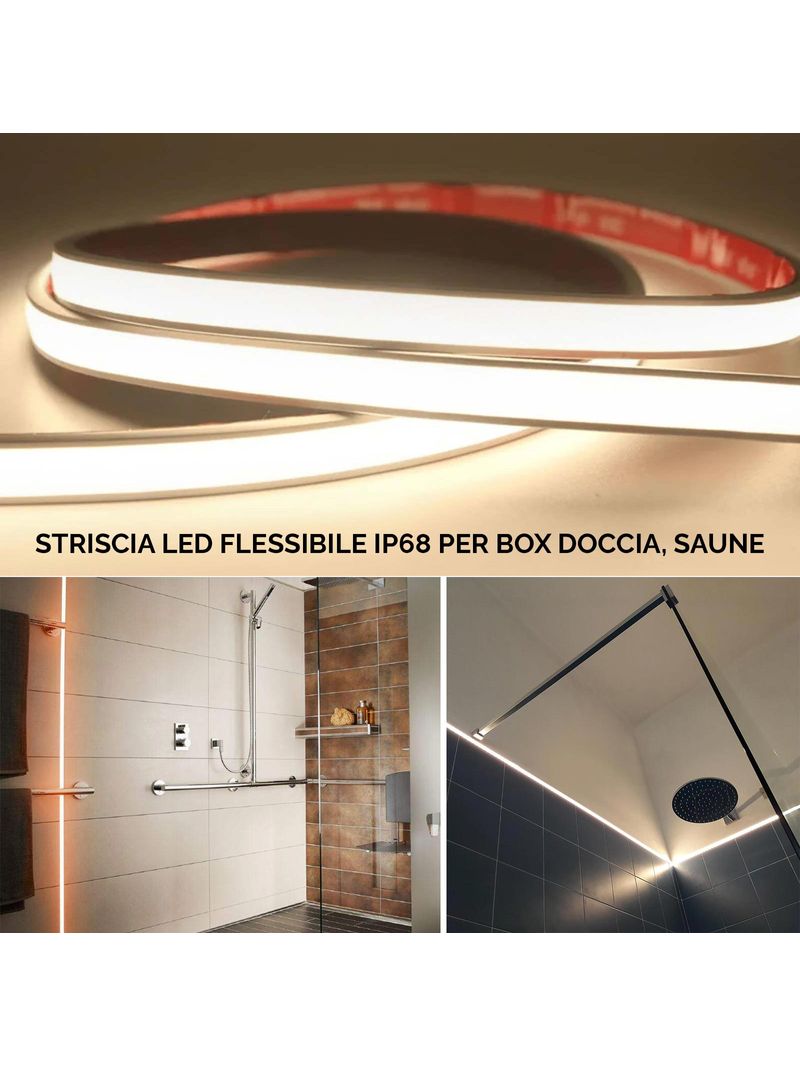Striscia LED tenuta stagna IP68 Linear COB flessibile Neon Flex dimmerabile  24V luce per box doccia sauna bagno turco bordo vasca 6000K