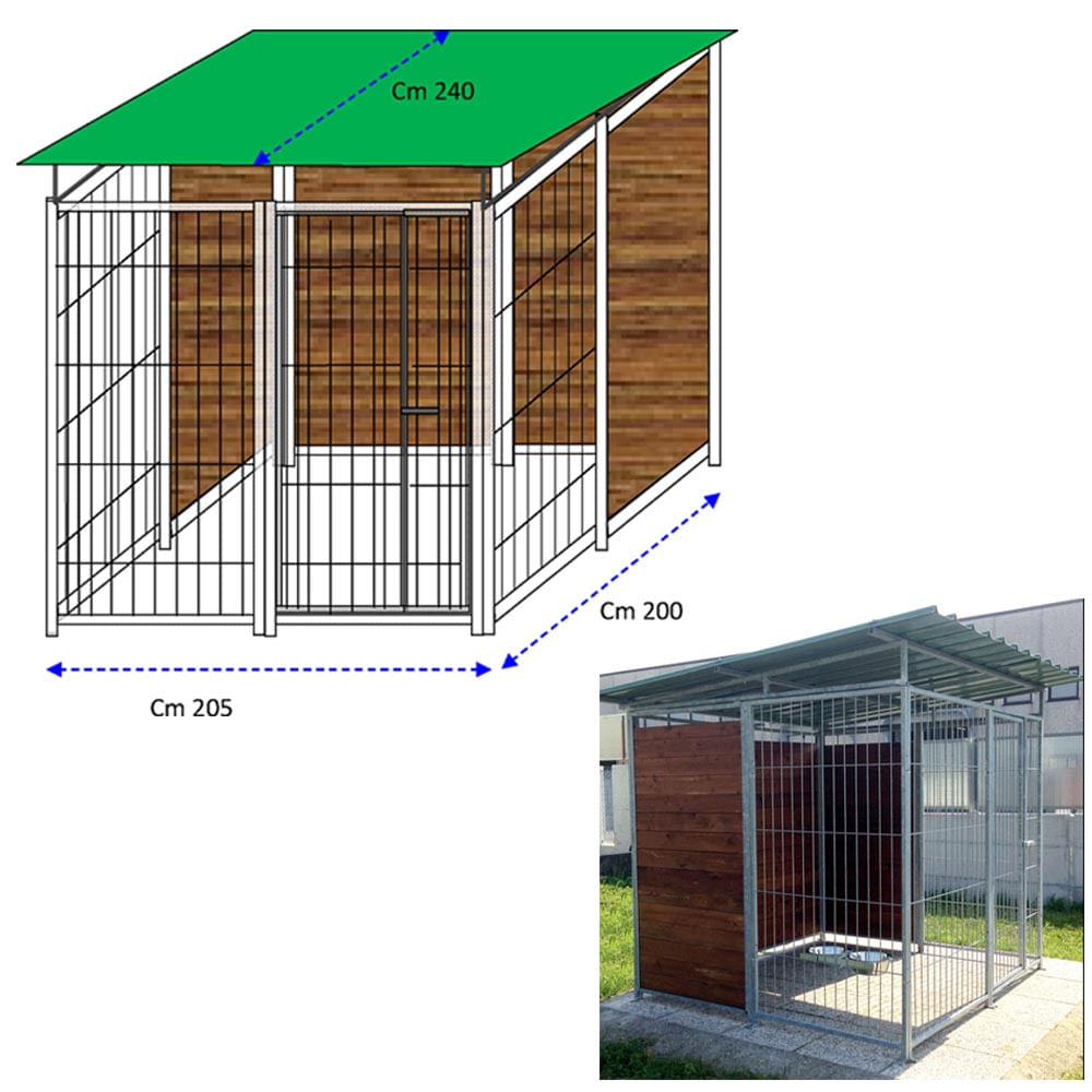 Recinto per cani 2x2 metri zincatura a caldo con copertura retro 1 metro  laterale in legno - BricoBravo