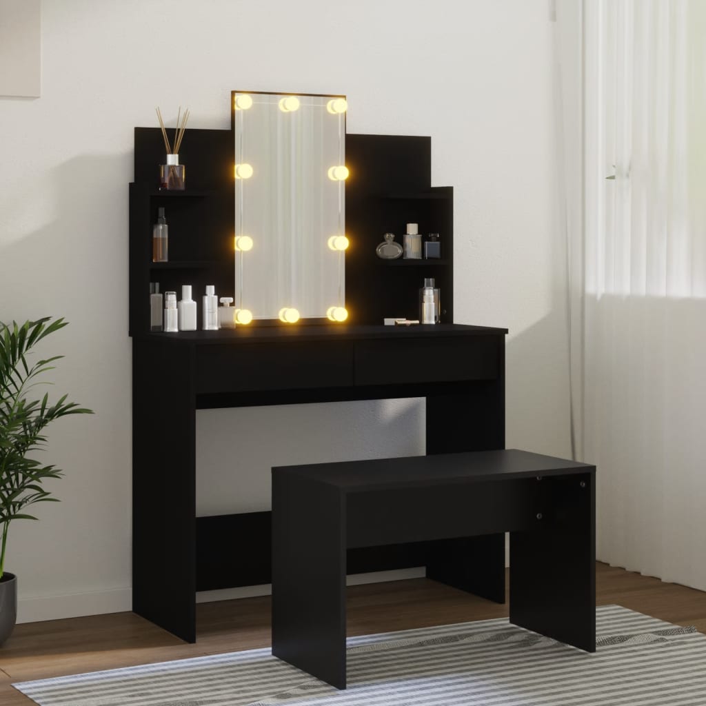 Set Tavolo da Toeletta con LED Nero in Legno Multistrato