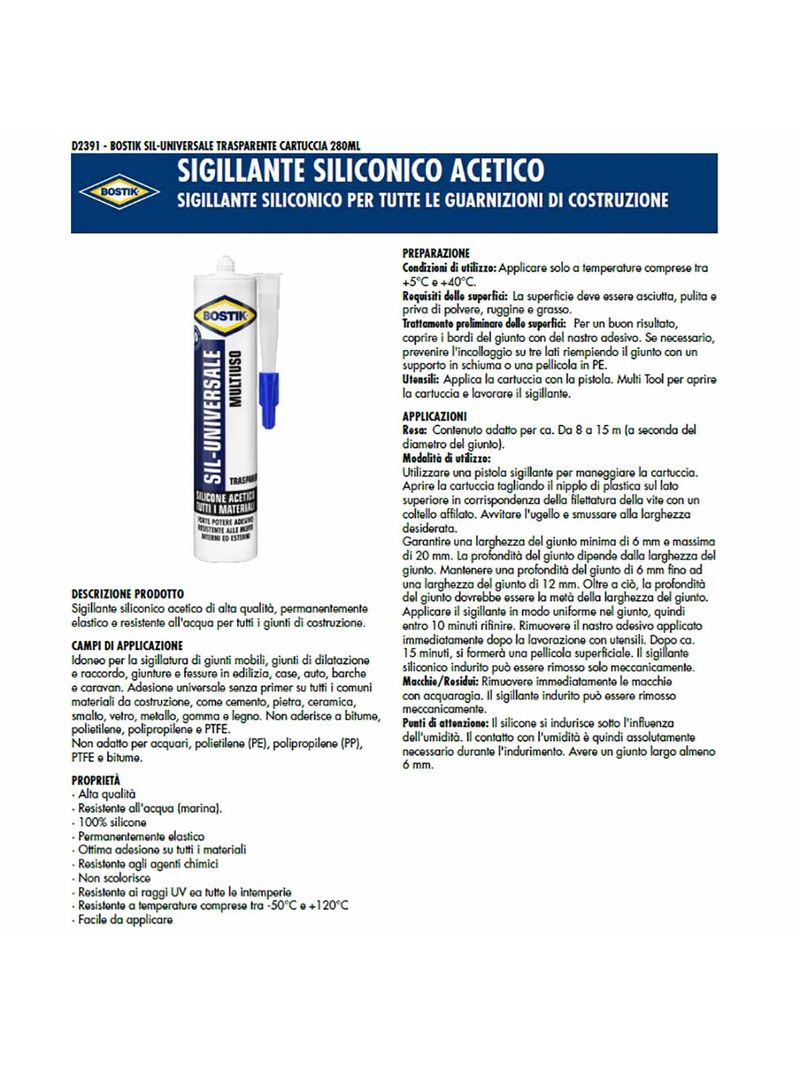 Silicone acetico SIL-Universale Bostik Trasparente D2391 280ml 