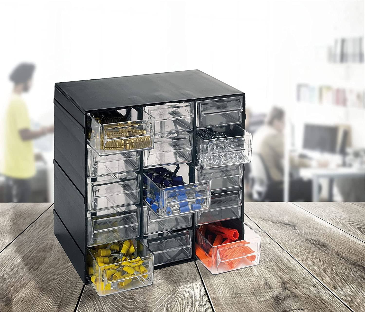 Cassettiera portaminuteria a 15 cassetti, Organiser portaoggetti con  cassetti trasparenti, 100% Made in Italy, cm 23x14h19, colore Nero -  BricoBravo